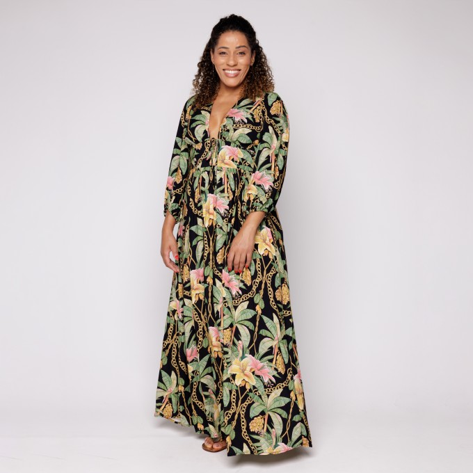 Vestido Longo Manga Paraiso Tropical