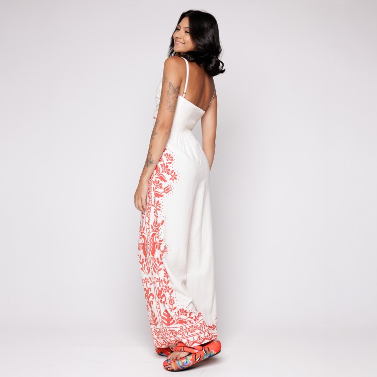 Macacão Pantalona Bordado Tropical