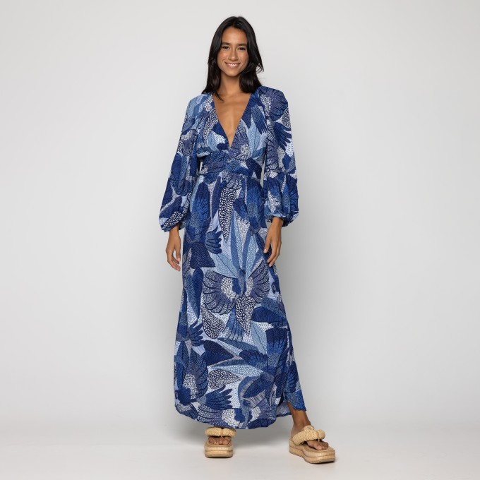 Vestido Longo Com Manga Festa de Passaros