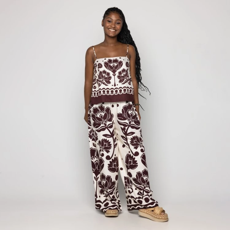 Calça Pantalona Floral Arabesque
