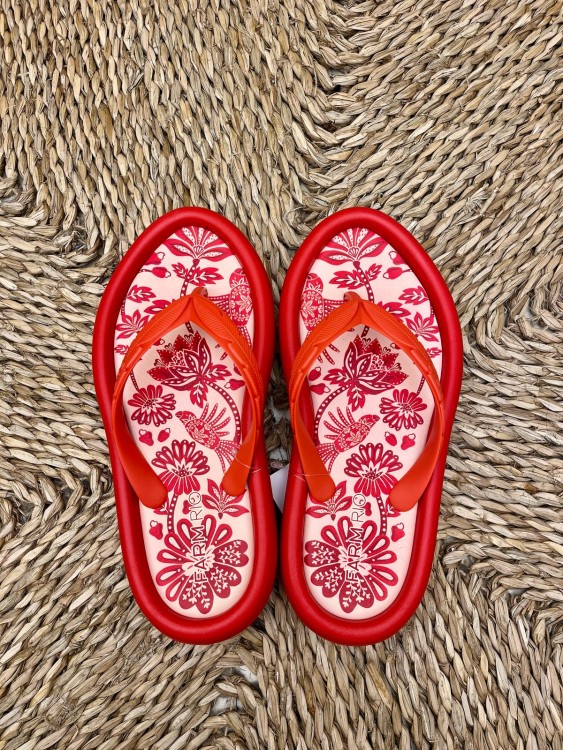Sandália Salto Rasteiro Arara Floral Vermelho