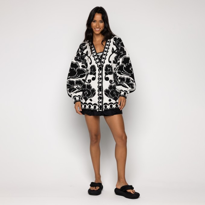 Cardigan Longo Tricot Floral Arabesque