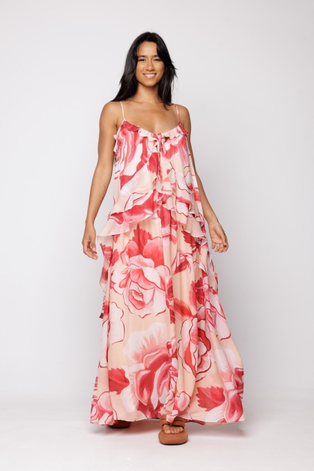 Vestido Longo Rosas Pintadas