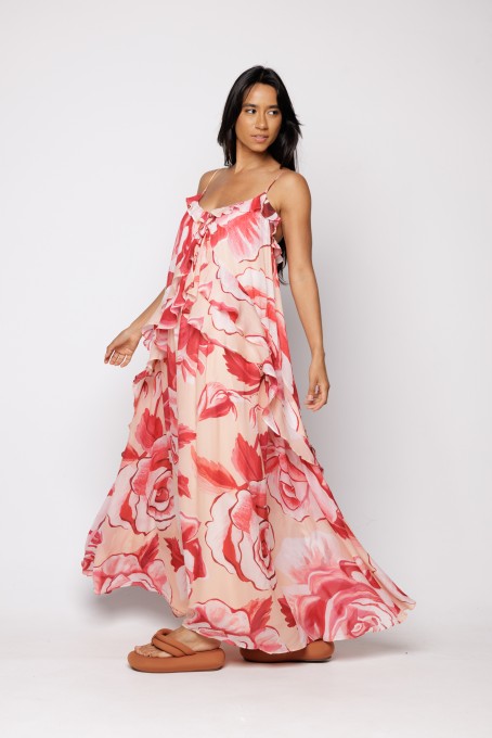 Vestido Longo Rosas Pintadas