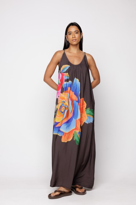 Vestido Longo Rosas Pintadas Marrom