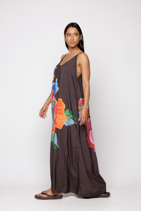 Vestido Longo Rosas Pintadas Marrom