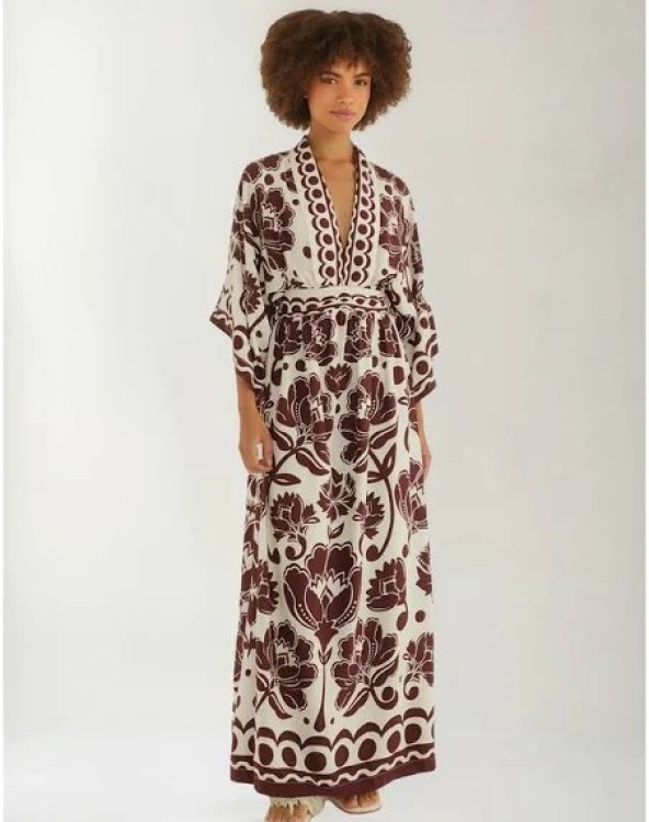 Vestido Longo Manga Floral Arabesque