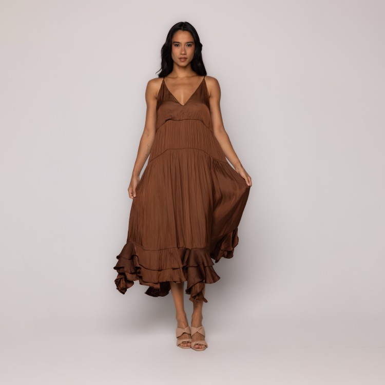 Vestido Babados Barra Marrom