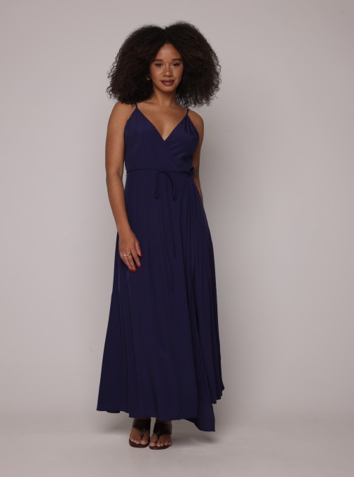 Vestido Transpasse Longo Azul Carbono