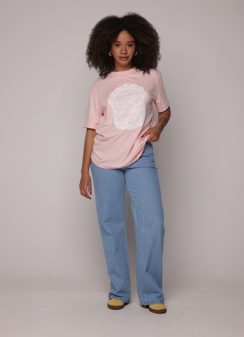Tshirt Media Rio de Renda Rosa Chintz