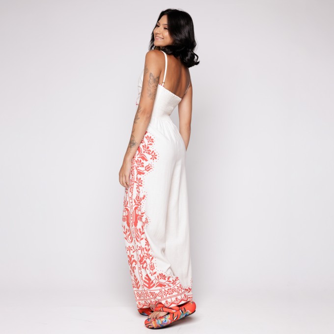 Macacão Pantalona Bordado Tropical